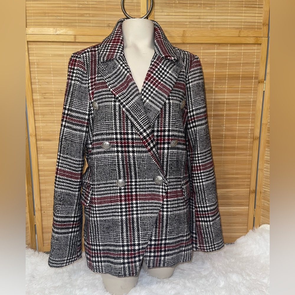 BAGATELLE Jacket Womens Medium Black Plaid Pea Coat Boho Button Up Flap Pockets